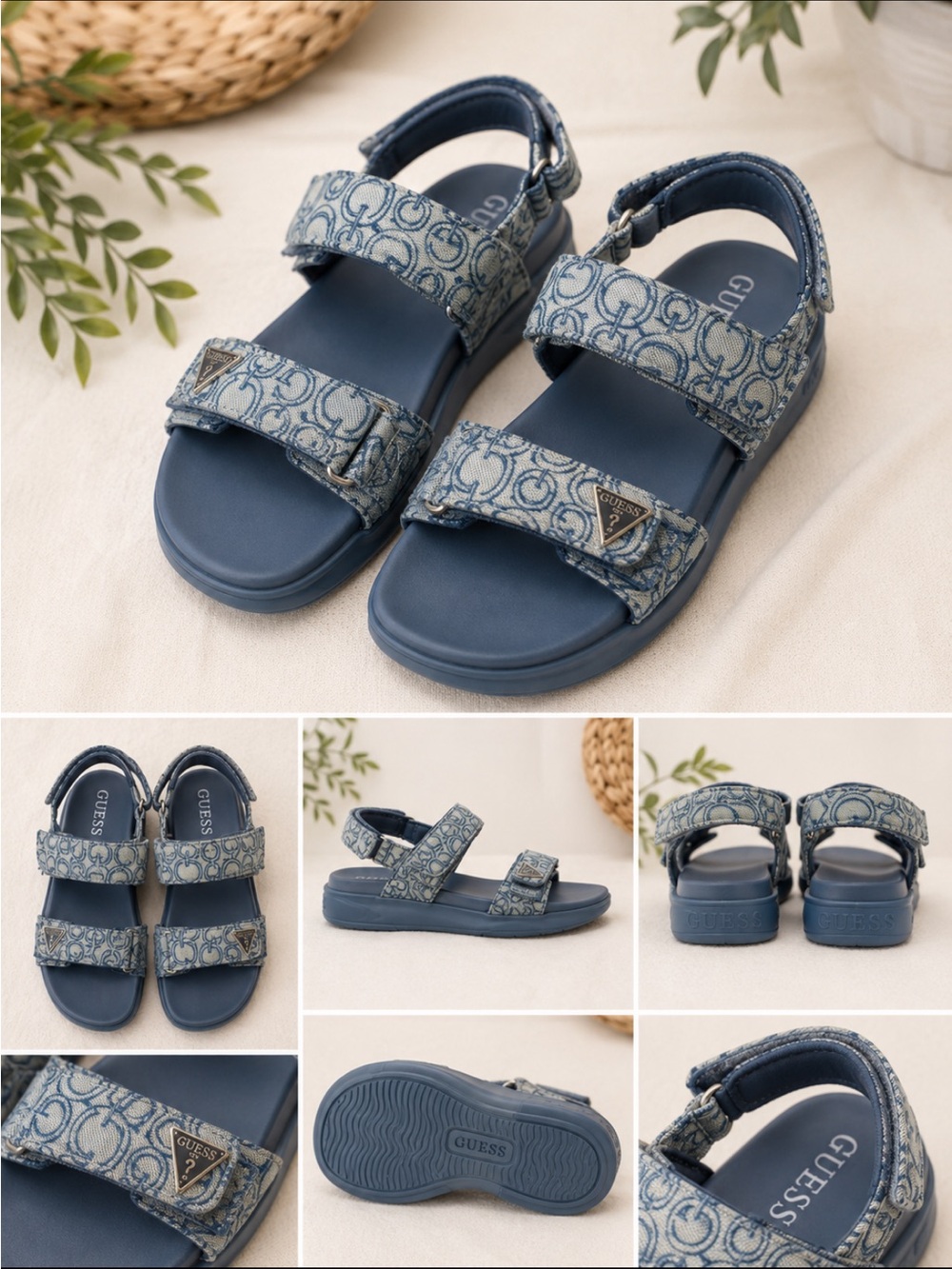 Guess Women’s Denim Logo Print Sport Sandals Blue Adjustable Straps Casual .